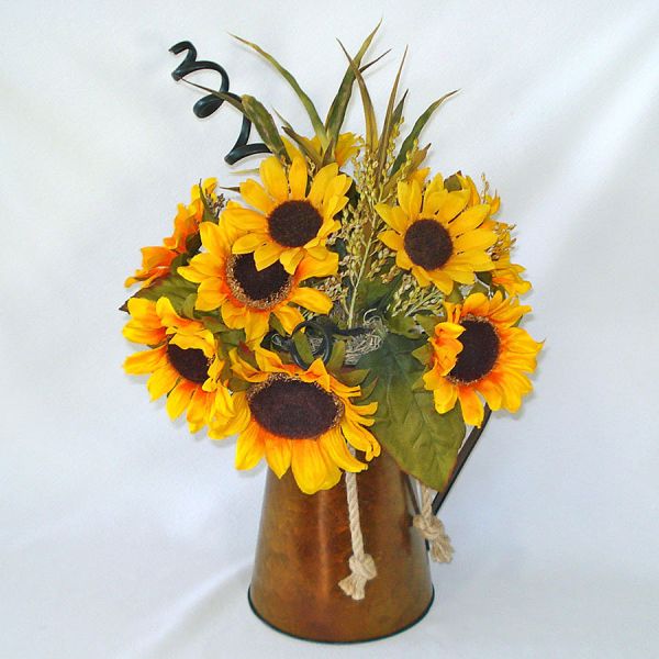 Copper Tone Metal Farm Pitcher Filled With Sunflowers
