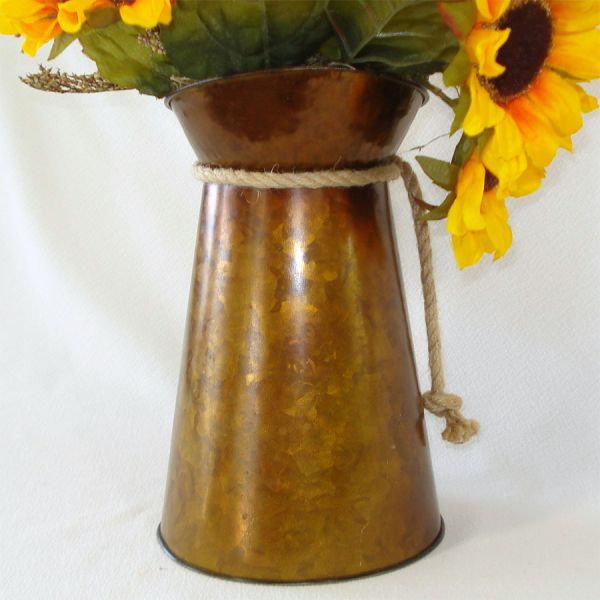 Copper Tone Metal Farm Pitcher Filled With Sunflowers #3