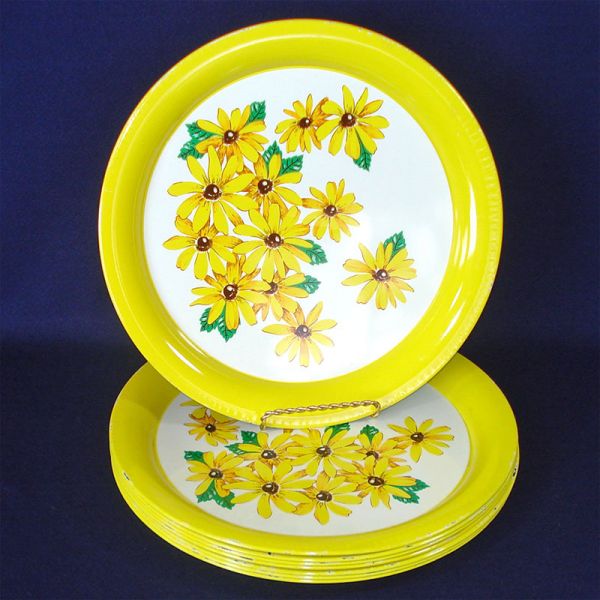 1950s Tin Litho Dinner Plates Trays Brown Eyed Susan Set of 8 Clearance