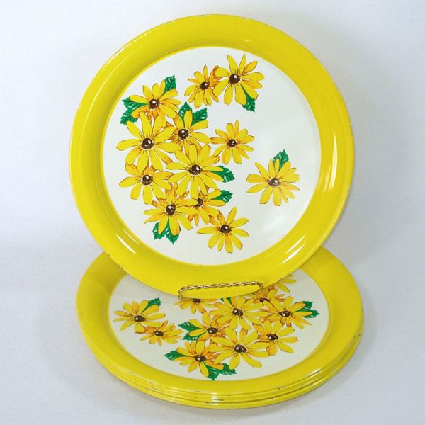 1950s Tin Litho Dinner Plates Trays Brown Eyed Susan Set of 8 #4