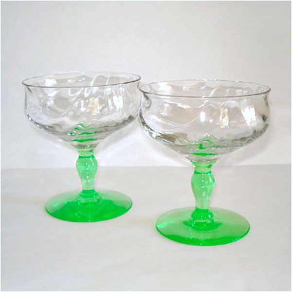 Tiffin Green Stem Festoon Optic Champagne Sherbet Goblet Pair Clearance