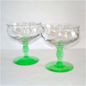 Tiffin Green Stem Festoon Optic Champagne Sherbet Goblet Pair Clearance
