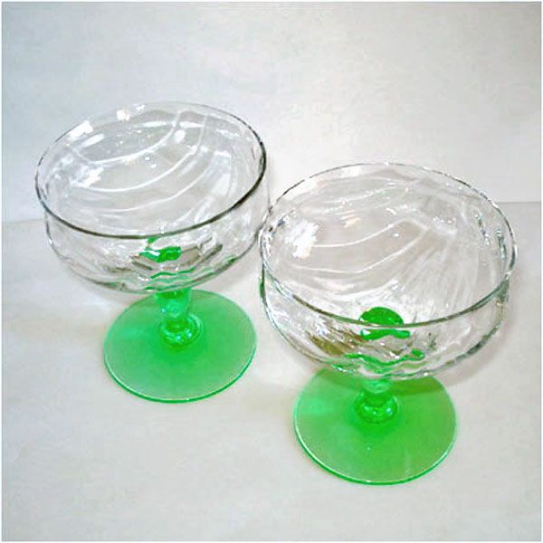 Tiffin Green Stem Festoon Optic Champagne Sherbet Goblet Pair Clearance #2