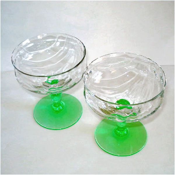 Tiffin Green Stem Festoon Optic Champagne Sherbet Goblet Pair #2