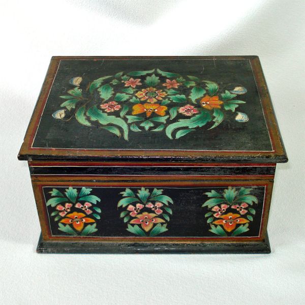 Antique Tole Painted Wood Keepsake Box