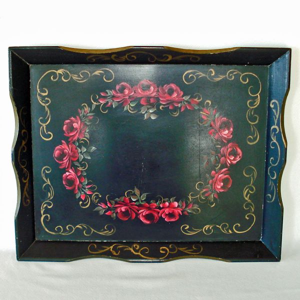 Red Roses 1940s Wooden Tole Tray Table #2