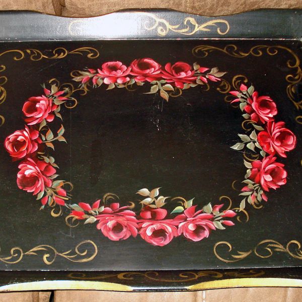 Red Roses 1940s Wooden Tole Tray Table #3