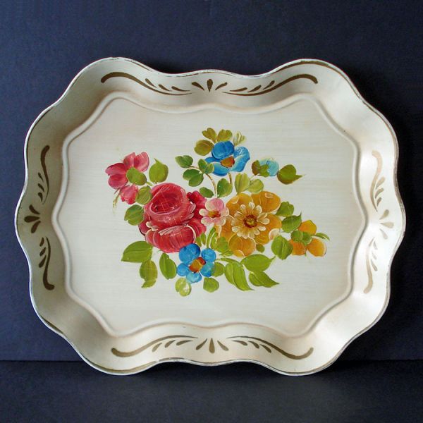 Colorful Hand Painted Flowers Tole Tray 17 Inches