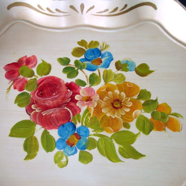Colorful Hand Painted Flowers Tole Tray 17 Inches #2