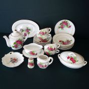 Child's 1950s Ceramic Toy Tea Dinnerware Set Pink Roses