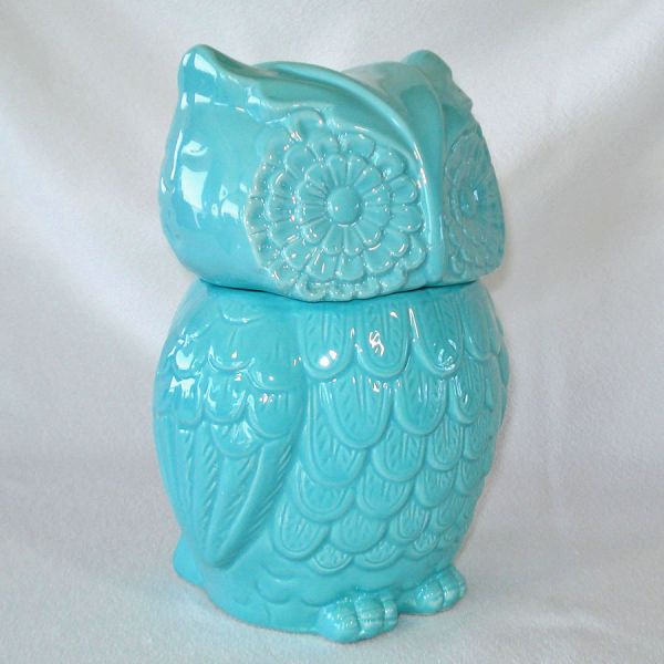 Turquoise Blue Owl Ceramic Cookie Jar #2
