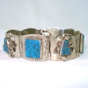 Mexico Carved Turquoise Alpaca Hinged Panel Bracelet