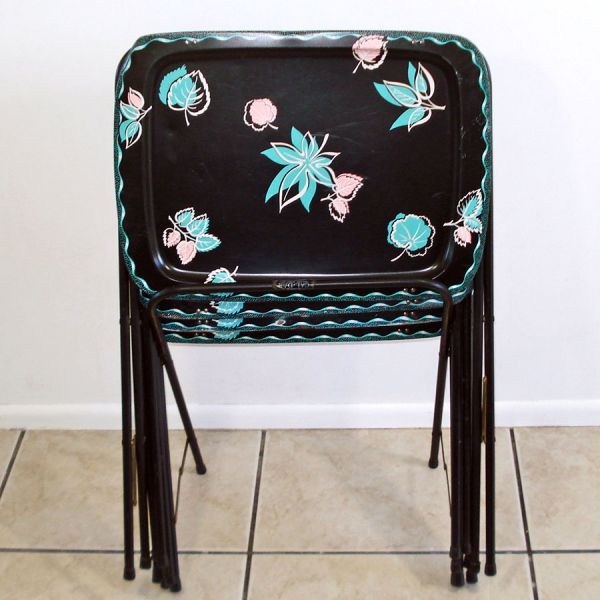 1950s Metal TV Trays Set With Rack Black Pink Turquoise Cal-Dak