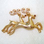 Double Reindeer Rhinestone Goldtone Christmas Brooch Pin Clearance