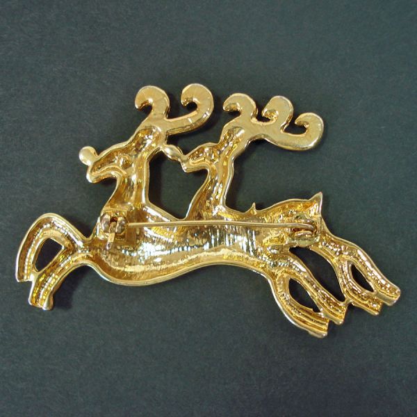 Double Reindeer Rhinestone Goldtone Christmas Brooch Pin Clearance #3