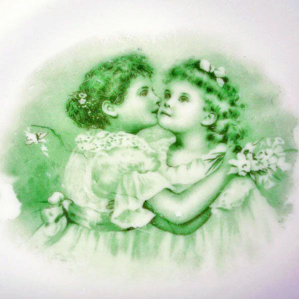Antique Photographic Transfer Porcelain Plate Hugging Little Girls Clearance #2
