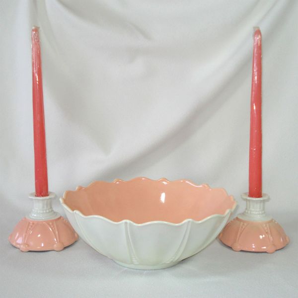 Hocking Pink Oyster Pearl Console Set Bowl Candlesticks #1