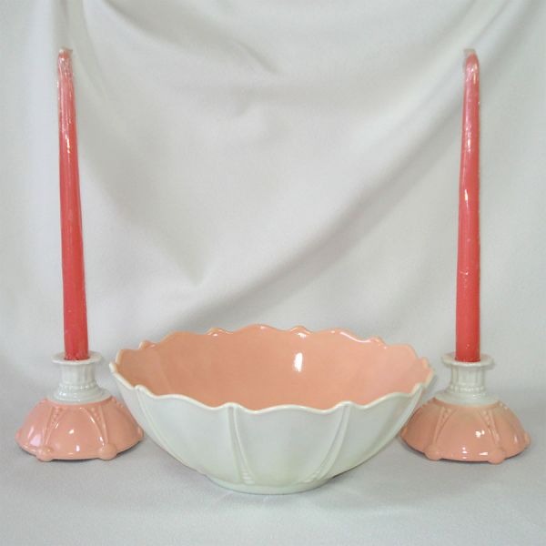 Hocking Pink Oyster Pearl Console Set Bowl Candlesticks Clearance