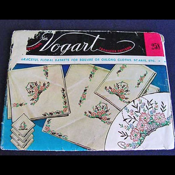 Vogart 1950s Embroidery Transfer Pattern - Double Sheet Flower Baskets