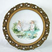 Mt Washington Victorian Glass Charger Plaque With Bisque Figures Clearance