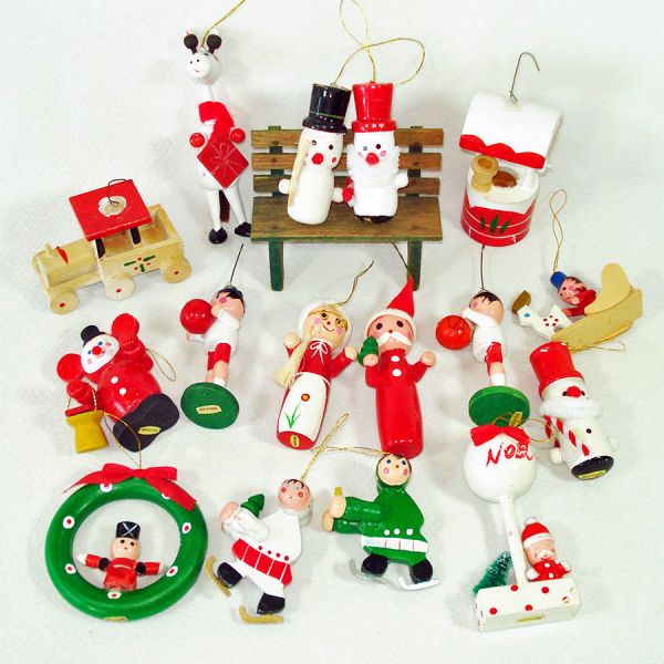 1970s Wood and Flocked Christmas Ornaments Lot of 31