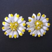 White Yellow Daisies Enameled Clip On Earrings Clearance
