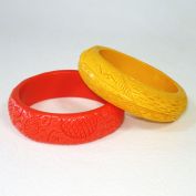Orange Yellow Pair Carved Plastic Bangle Bracelets Clearance