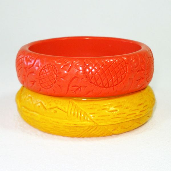 Orange Yellow Pair Carved Plastic Bangle Bracelets #4
