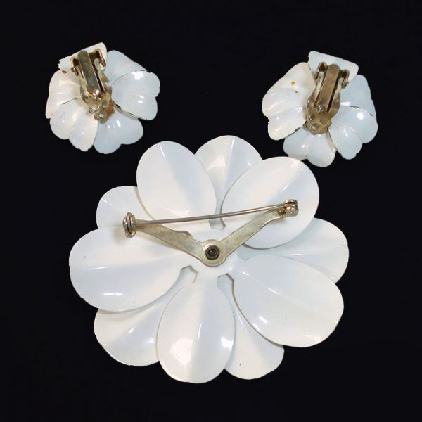 Enameled Yellow White 60s Flower Brooch Earrings Set #2