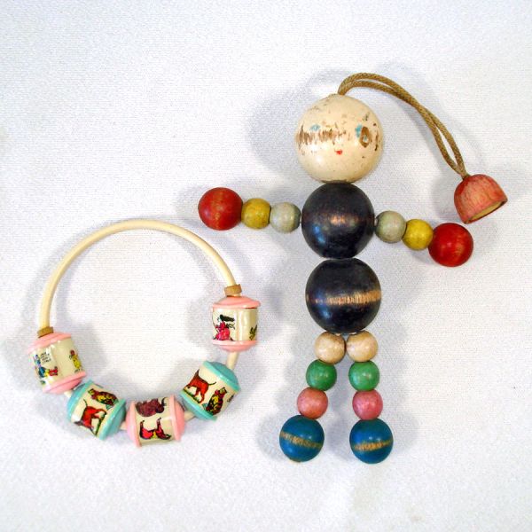 Antique Baby Crib Toys - Tom Tinker Wood Bead Doll and Celluloid Rattle