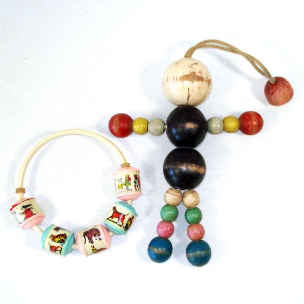 Antique Baby Crib Toys - Tom Tinker Wood Bead Doll and Celluloid Rattle #2