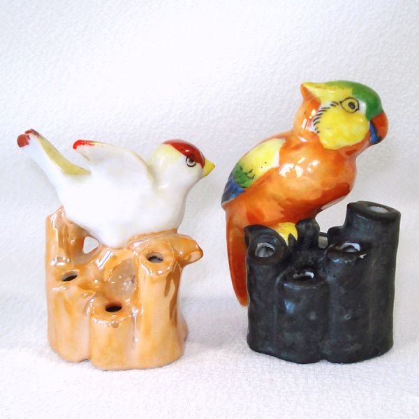 Pair Small Ceramic Song Bird, Parrot Flower Holder Frogs #2