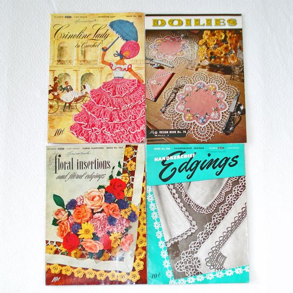 Lot 4 Crochet Pattern Booklets Doilies, Crinoline Lady, Floral Insertions 1949