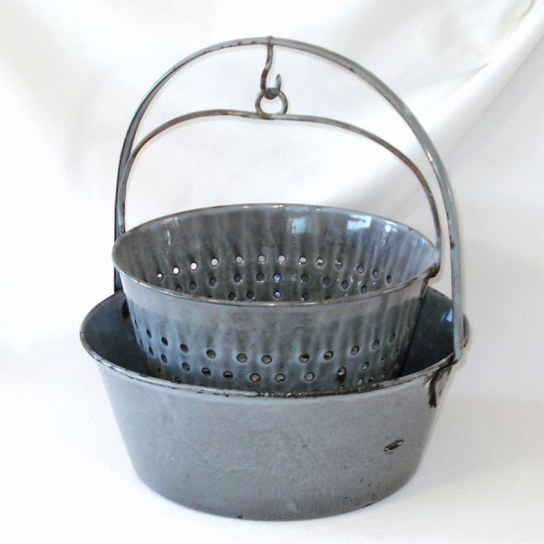 Agate Ware Antique Large Graniteware Pot With Hanging Strainer Basket #2