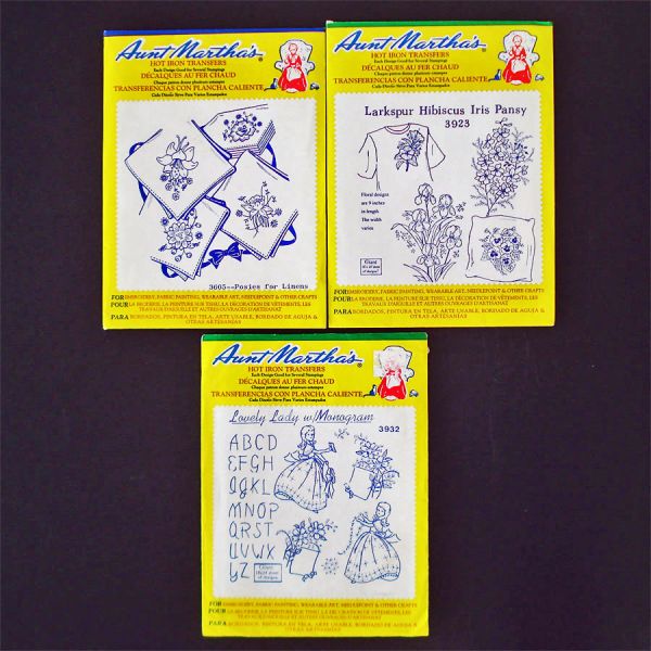Aunt Marthas 3 Iron-On Flowers, Monogram, Lovely Lady Transfer Patterns Sealed