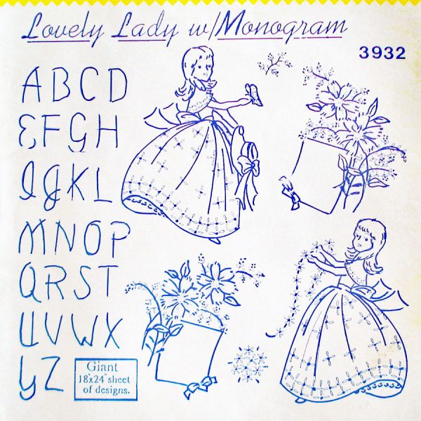 Aunt Marthas 3 Iron-On Flowers, Monogram, Lovely Lady Transfer Patterns Sealed #4