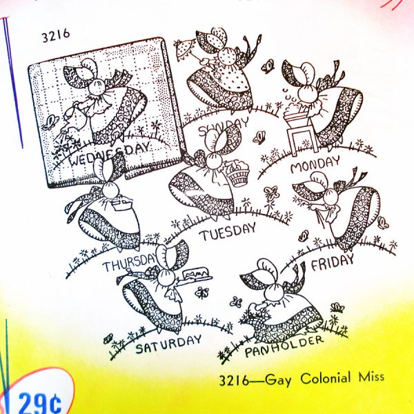 Aunt Marthas Gay Colonial Miss Embroidery Transfers Sealed #2