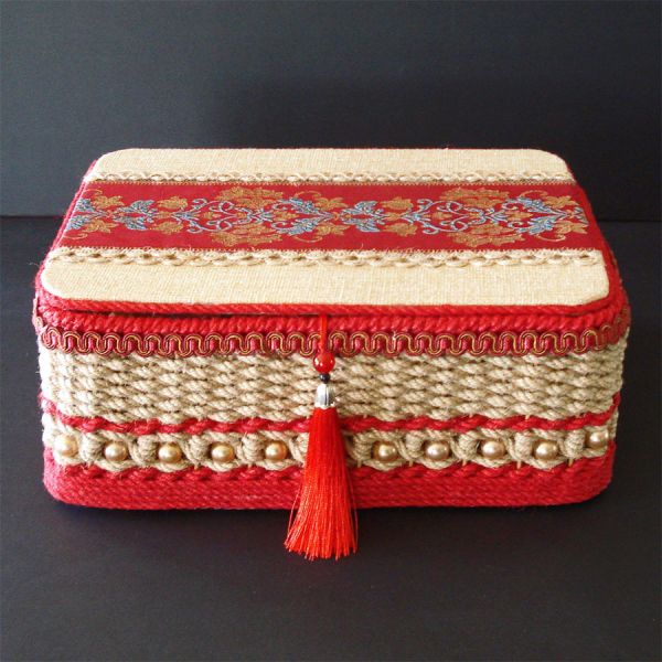 Asian Style Beaded Jute, Tapestry Sewing or Storage Box