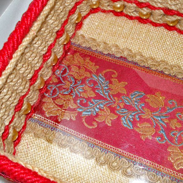 Asian Style Beaded Jute, Tapestry Sewing or Storage Box #4