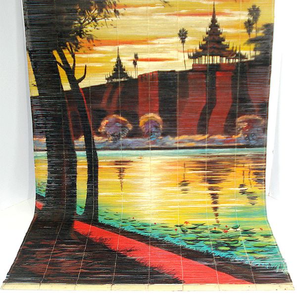 Mandalay Palace Bamboo Scroll Painted Asian Landscape Wall Hanging 45 inches #3