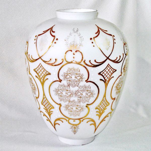 Bavarian Bristol Glass Enameled Gold on White Large Lamp Shade