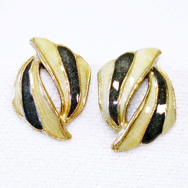 Enameled Charcoal and Cream Double Wing Clip Earrings