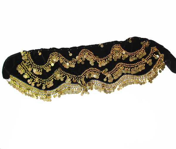 Black Velvet Gold Belly Dance Beaded Coin Sash Wrap