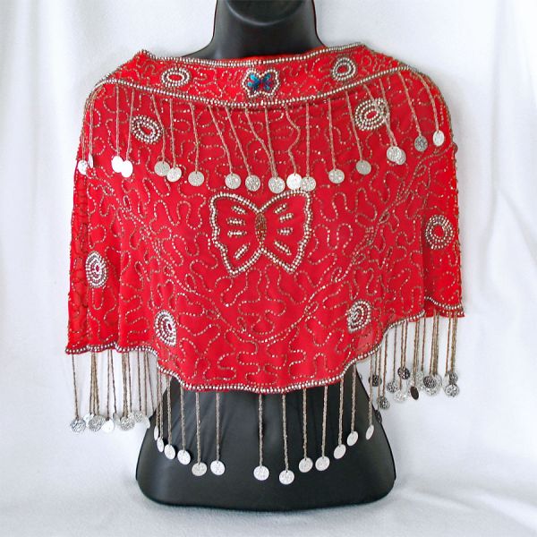 Red Chiffon Beaded Coins Belly Dance Hip Skirt Scarf