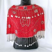Red Chiffon Beaded Coins Belly Dance Hip Skirt Scarf
