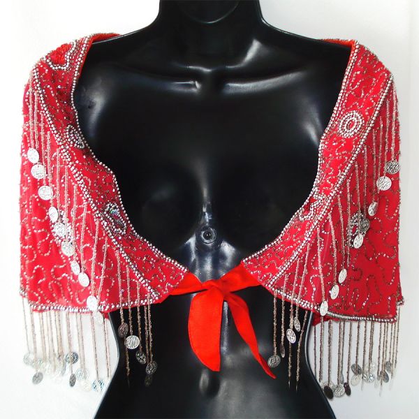 Red Chiffon Beaded Coins Belly Dance Hip Skirt Scarf #2