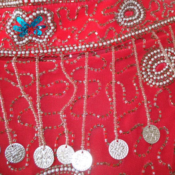 Red Chiffon Beaded Coins Belly Dance Hip Skirt Scarf #3