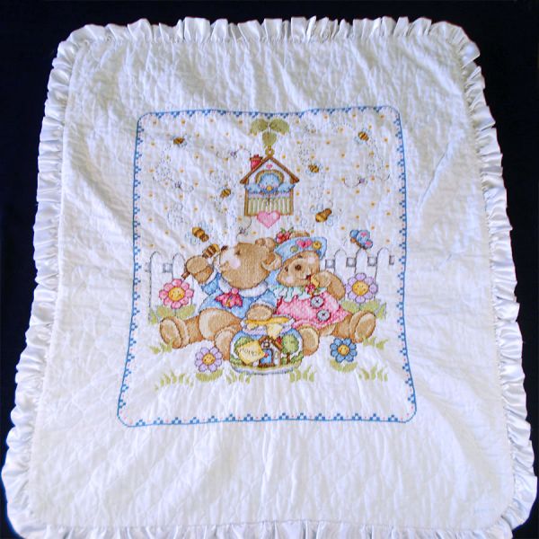 Teddy Bears Cross Stitch Embroidered Vintage Baby Quilt