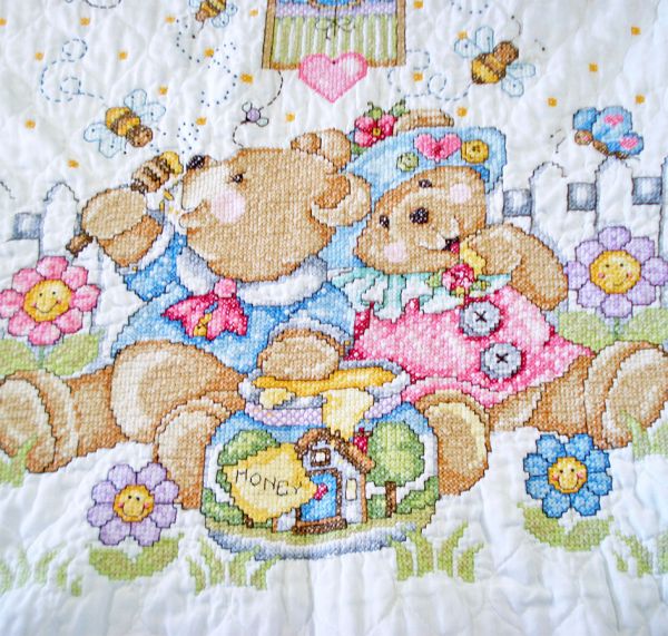 Teddy Bears Cross Stitch Embroidered Vintage Baby Quilt #2