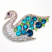 Blue and Green Rhinestone Swan Brooch Pin